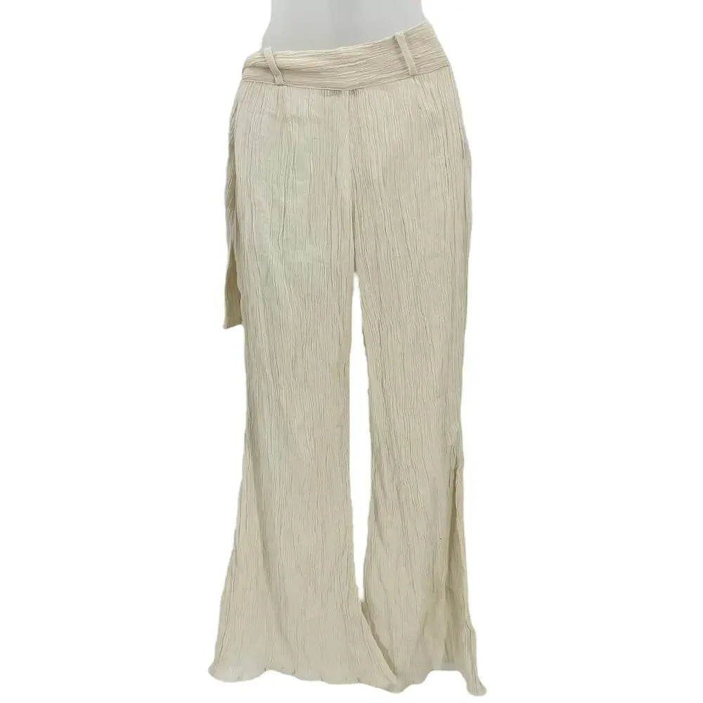 SAVANNAH MORROW Eve Crinkled Cotton Gauze Flare Pants Ecru Zip Belted S NEW_7